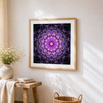 Purple kaleidoscope flower mandala cross stitch artwork displayed on wall as home decor