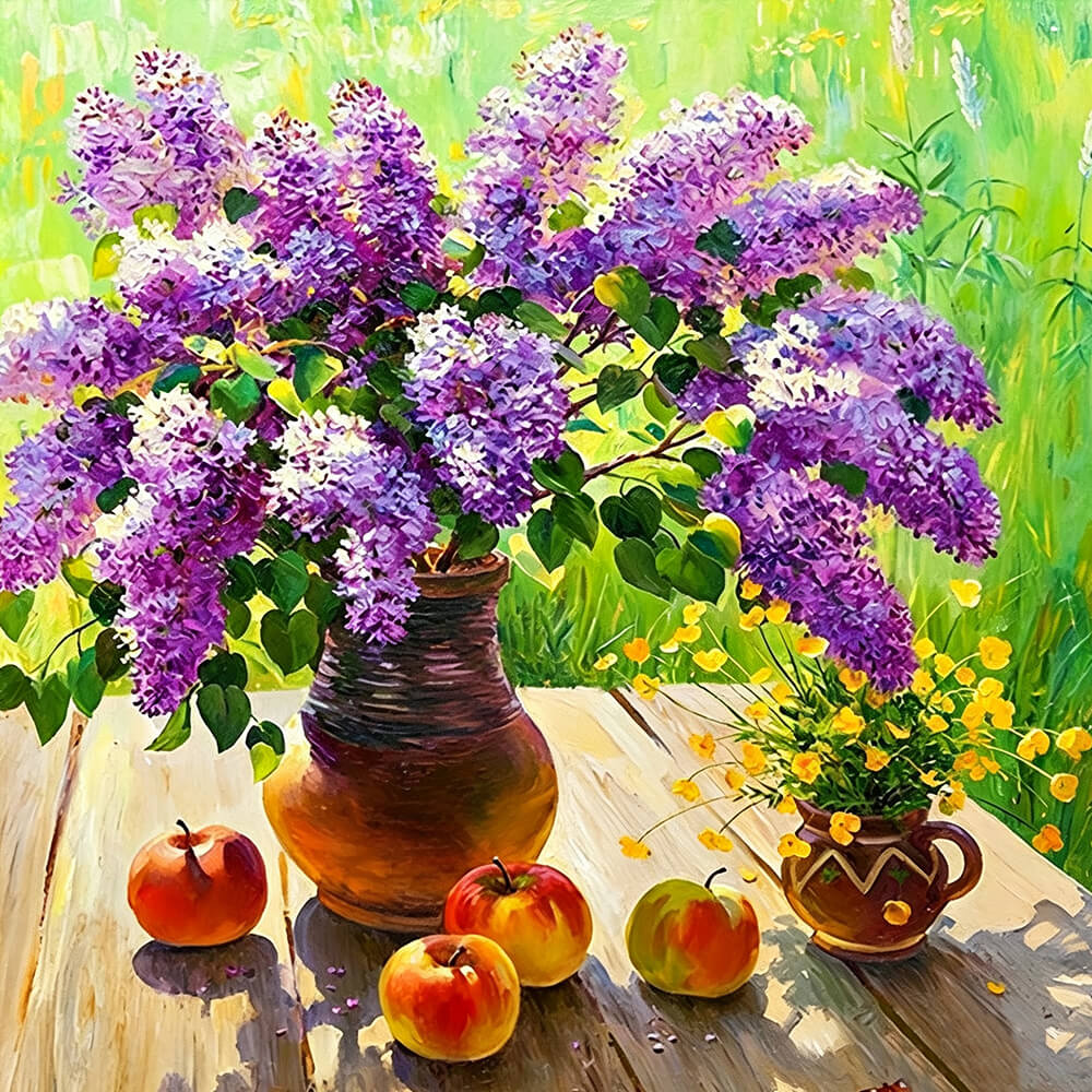Purple lilacs and apples still life cross stitch kit for beginners