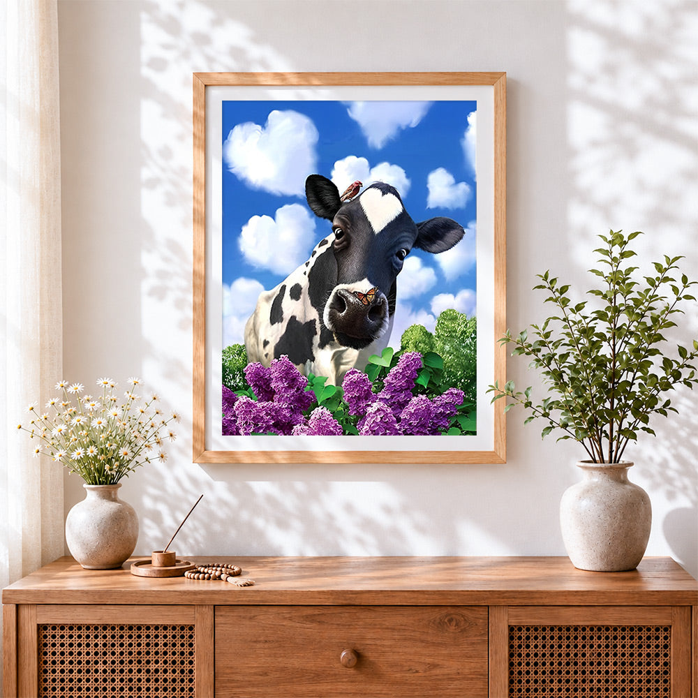 Finished Purple lilacs, heart-shaped clouds and a cow cross stitch artwork displayed