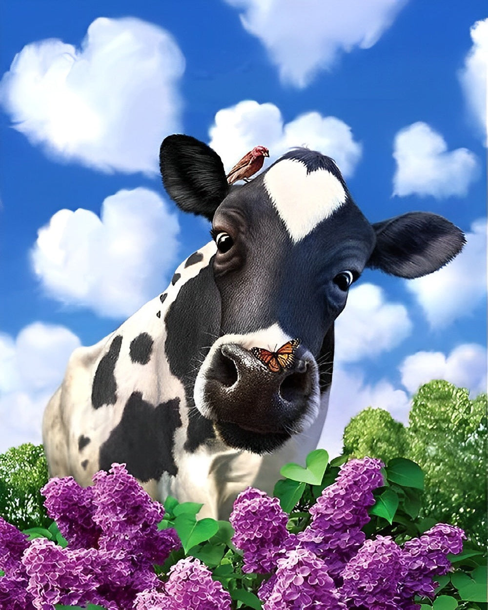Purple lilacs, heart-shaped clouds and a cow cross stitch kit for beginners