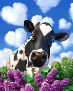 Purple lilacs, heart-shaped clouds and a cow cross stitch kit for beginners