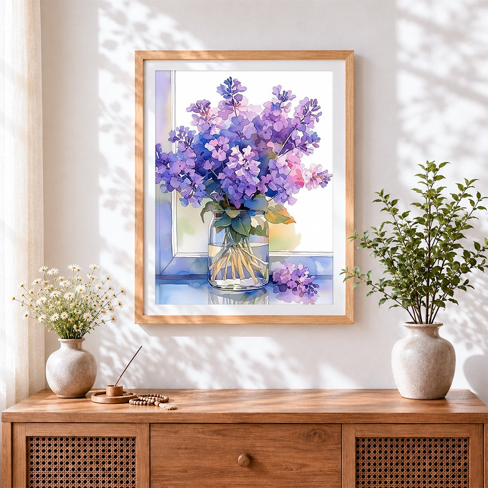 Finished purple lilacs in a jar cross stitch artwork displayed