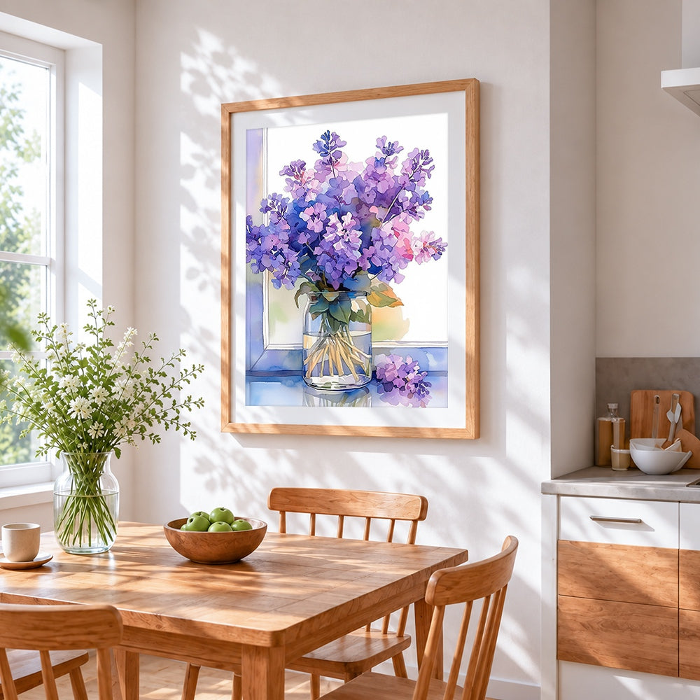 Purple lilacs in a jar cross stitch artwork displayed on wall as home decor