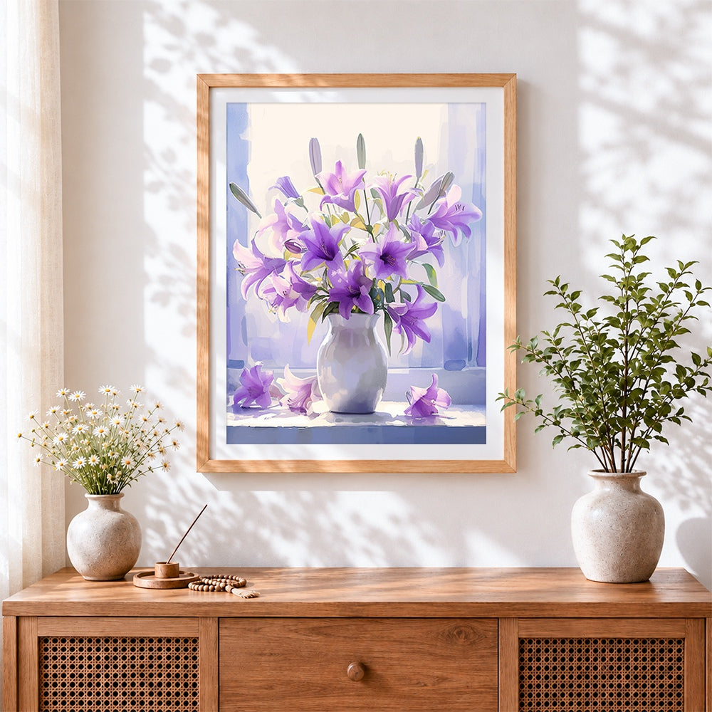 Finished purple lilies in a vase cross stitch artwork displayed