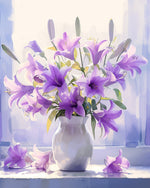 Purple lilies in a vase cross stitch kit for beginners