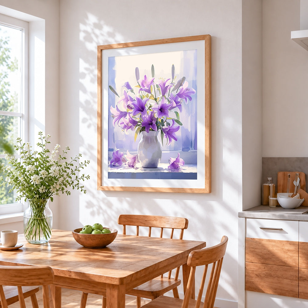 Purple lilies in a vase cross stitch artwork displayed on wall as home decor