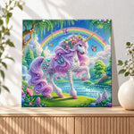 Finished purple mane unicorn by lakeside pearl diamond painting artwork displayed as holiday home decor