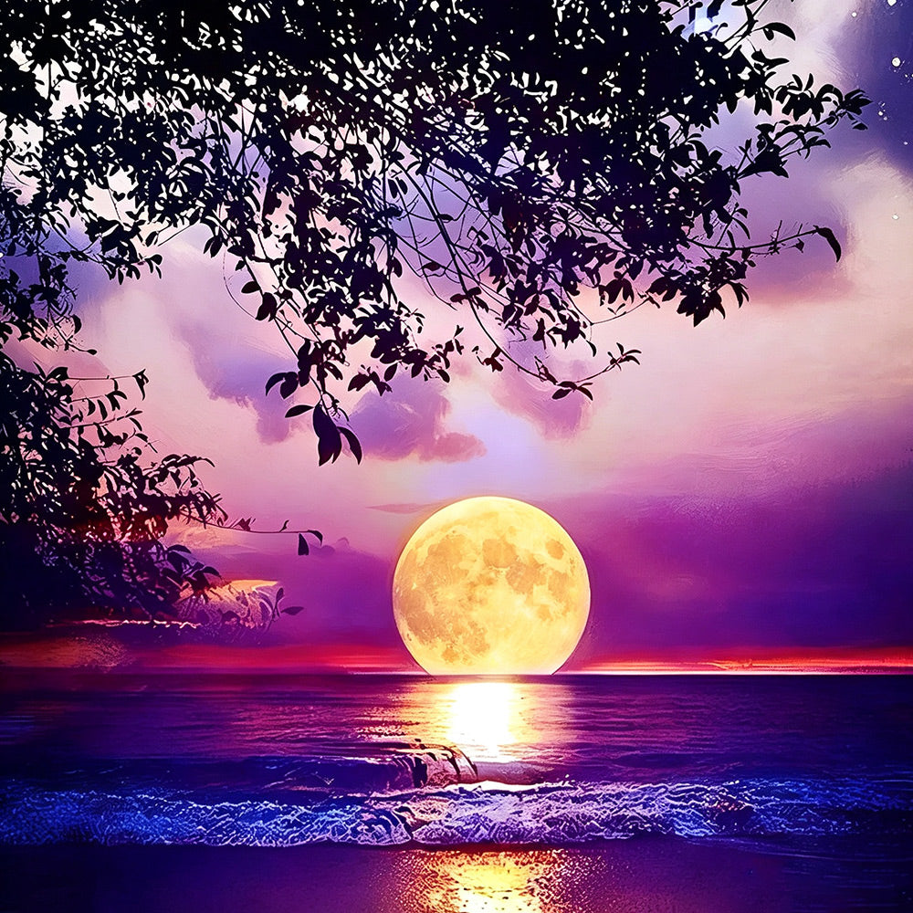 Purple moonlit ocean waves cross stitch kit for beginners