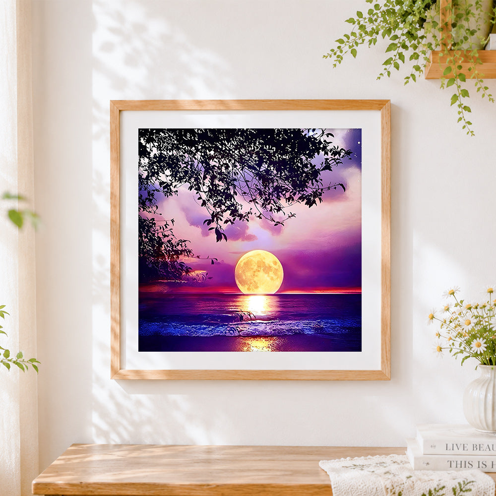Finished purple moonlit ocean waves paint by numbers artwork displayed as home decor