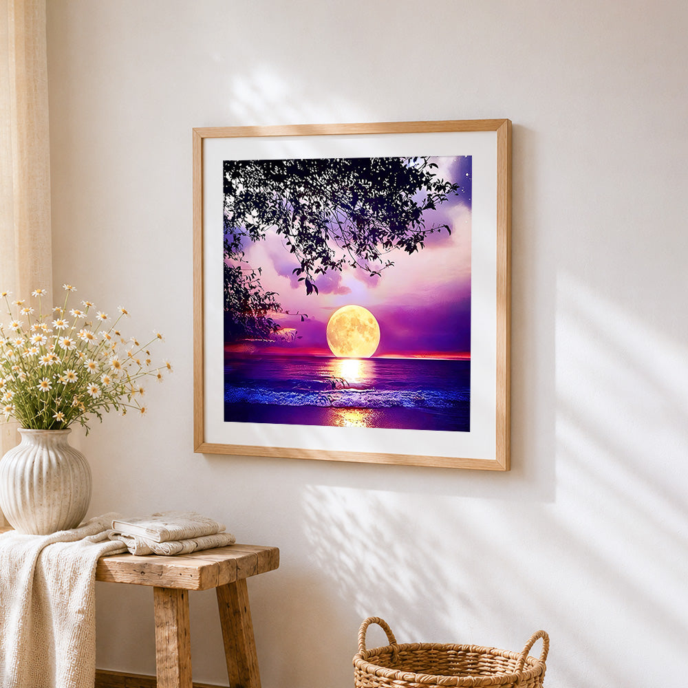 Purple moonlit ocean waves paint by numbers artwork displayed on wall as home decor