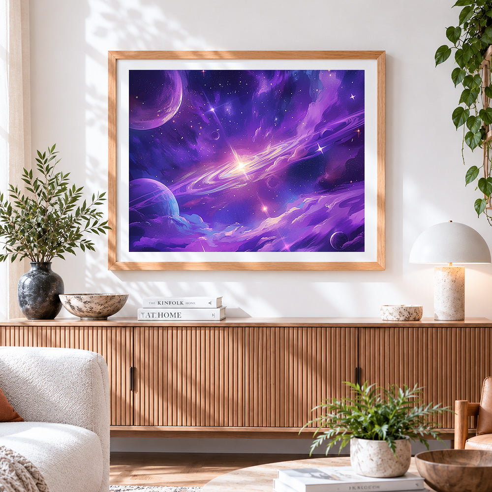 Finished purple nebula and planets cross stitch artwork displayed
