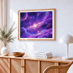 Purple nebula and planets cross stitch artwork displayed on wall as home decor