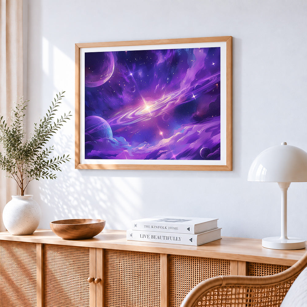 Purple nebula and planets paint by numbers artwork displayed on wall as home decor