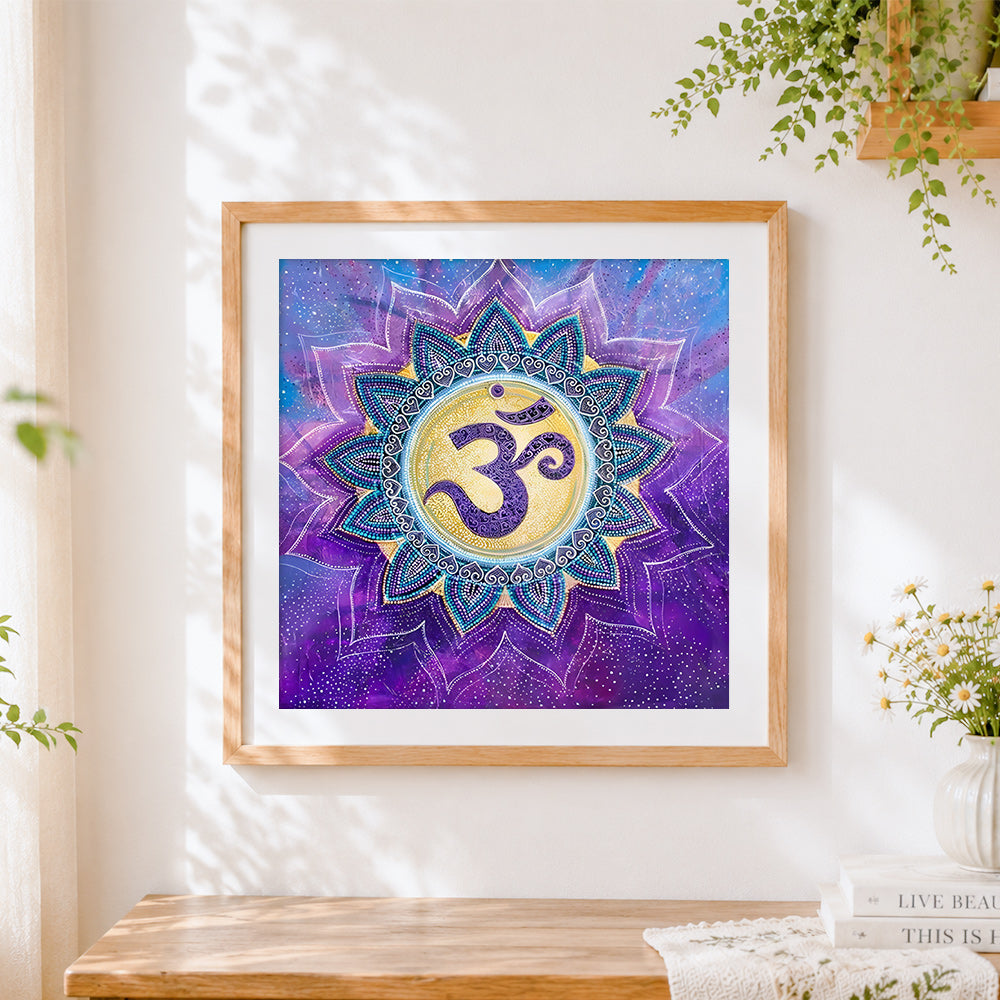 Finished purple om symbol mandala cross stitch artwork displayed
