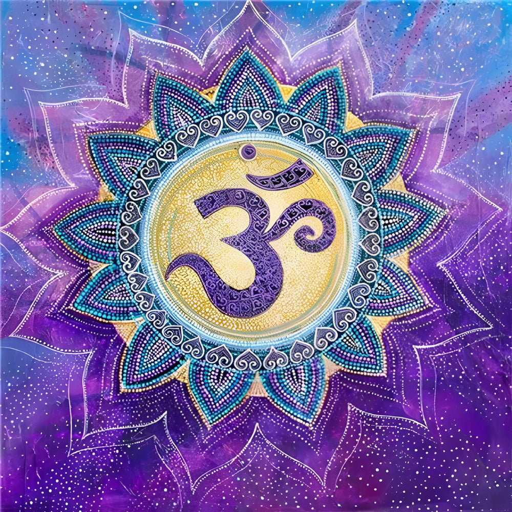 Purple om symbol mandala cross stitch kit for beginners