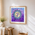 Purple om symbol mandala cross stitch artwork displayed on wall as home decor