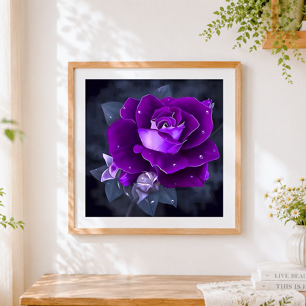 Finished purple rose with dew drops cross stitch artwork displayed