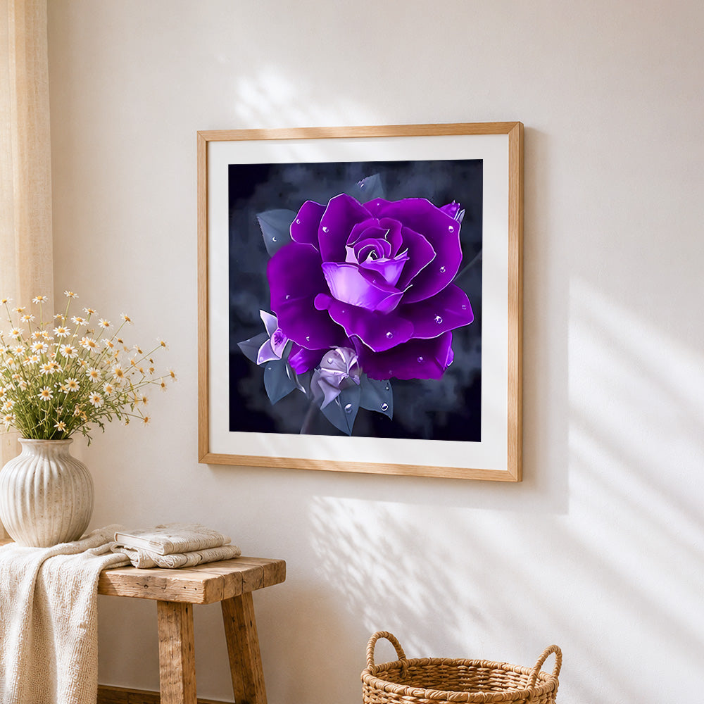 Purple rose with dew drops cross stitch artwork displayed on wall as home decor