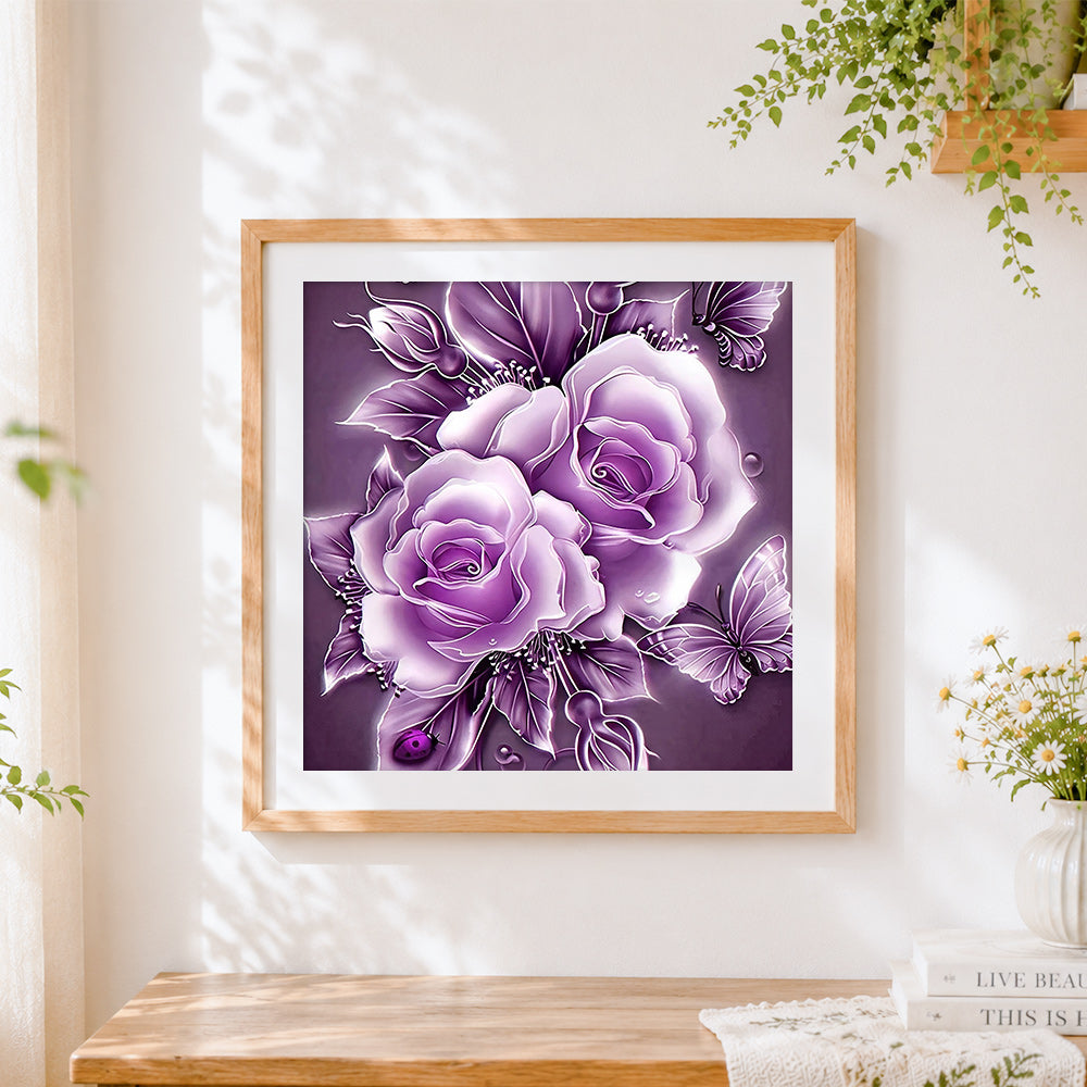 Finished purple roses with butterflies paint by numbers artwork displayed as home decor