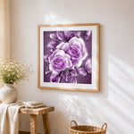 Purple roses with butterflies paint by numbers artwork displayed on wall as home decor