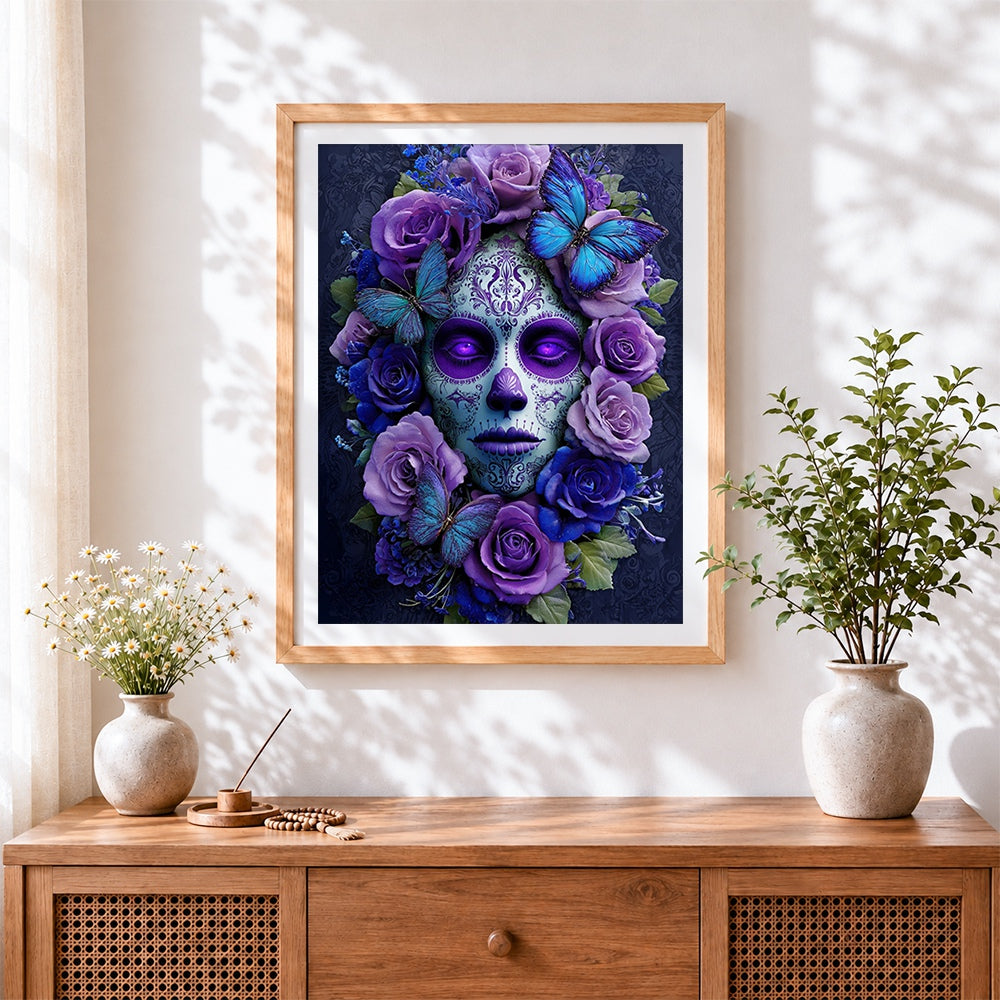 Finished purple sugar skull with butterflies cross stitch artwork displayed