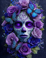 Purple sugar skull with butterflies cross stitch kit for beginners