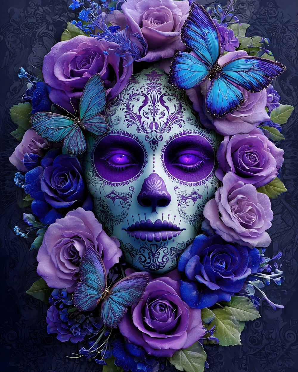Purple sugar skull with butterflies cross stitch kit for beginners