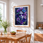 Purple sugar skull with butterflies cross stitch artwork displayed on wall as home decor