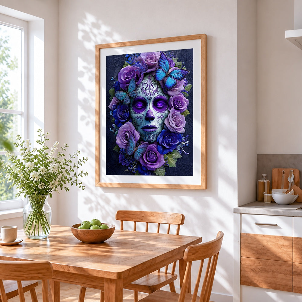 Purple sugar skull with butterflies cross stitch artwork displayed on wall as home decor