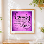 Finished purple texture family quote cross stitch artwork displayed