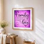 Purple texture family quote cross stitch artwork displayed on wall as home decor