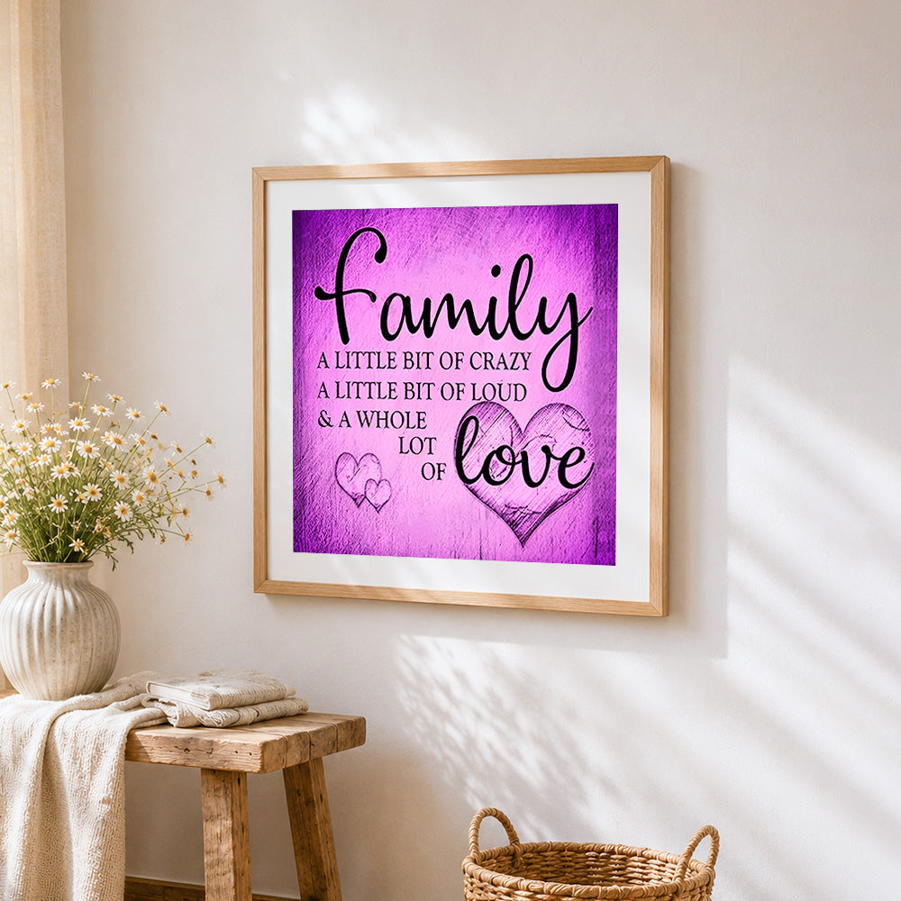 Purple texture family quote cross stitch artwork displayed on wall as home decor