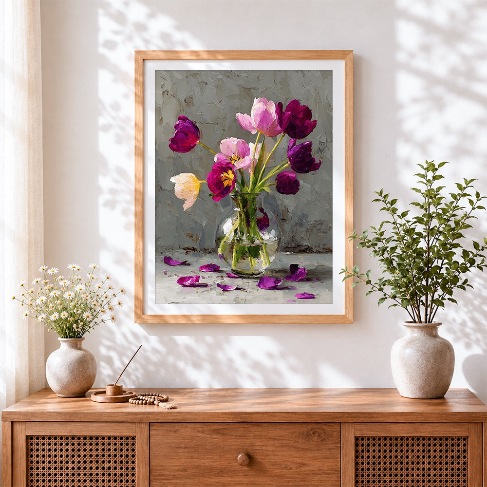 Finished purple tulips in a glass vase cross stitch artwork displayed
