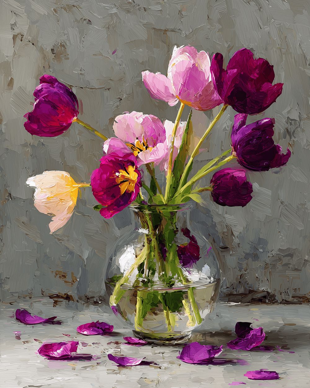 Purple tulips in a glass vase cross stitch kit for beginners
