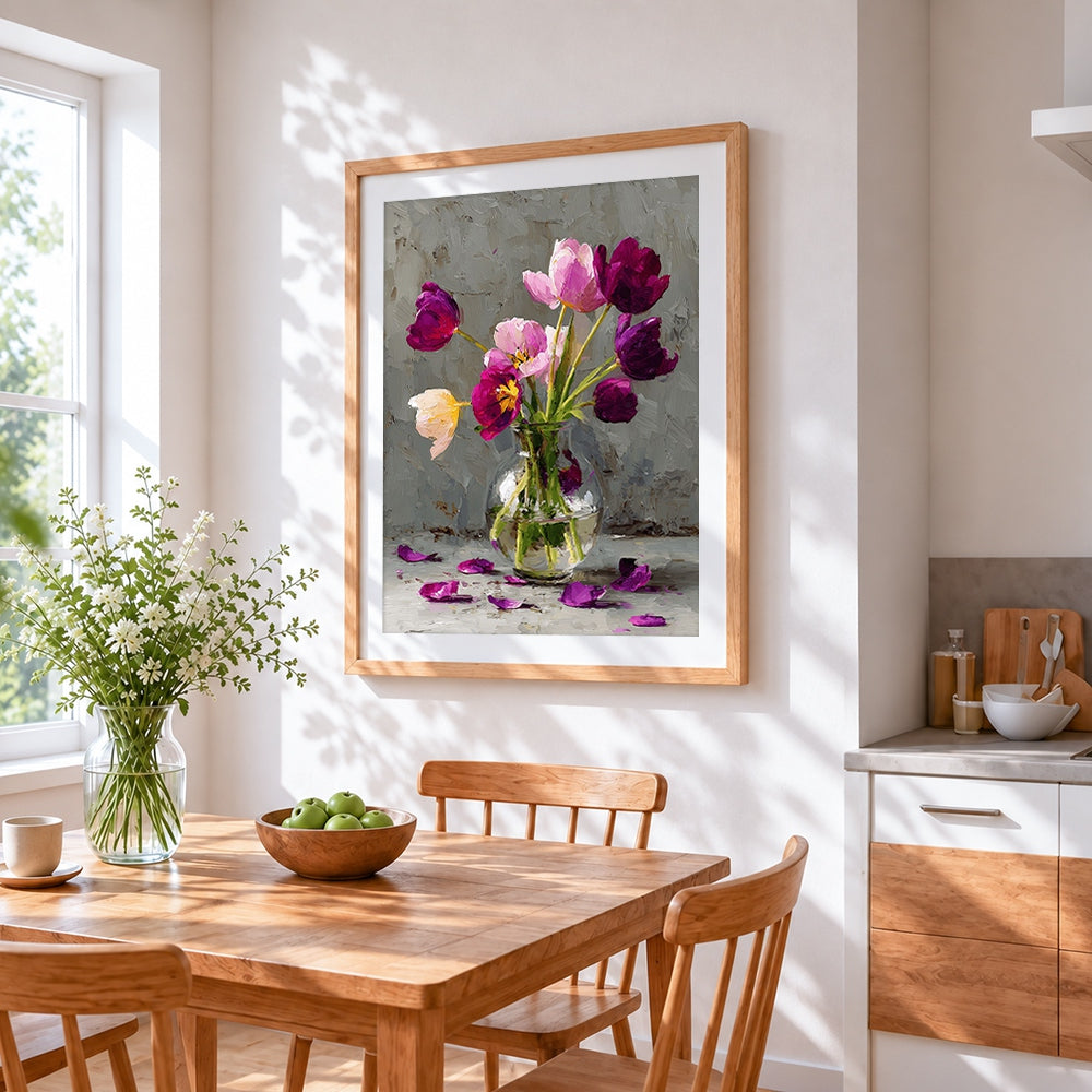 Purple tulips in a glass vase cross stitch artwork displayed on wall as home decor