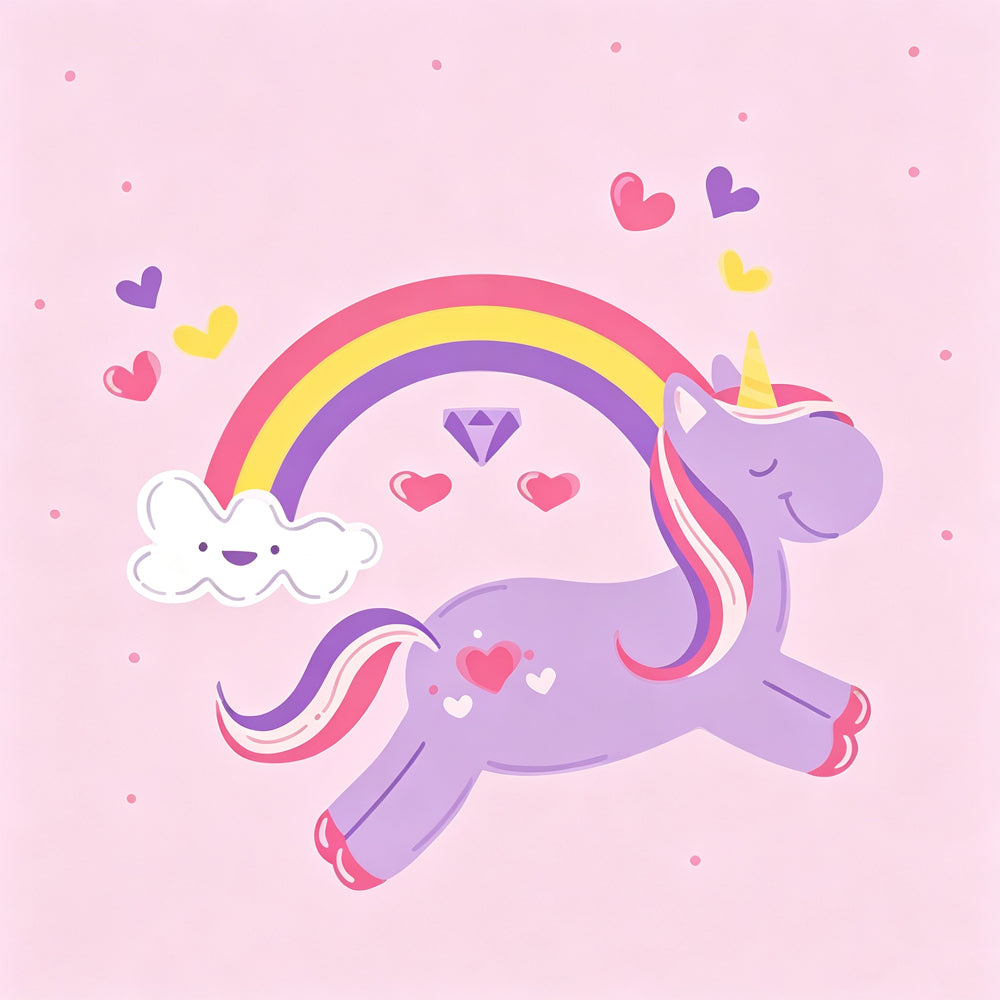 Purple unicorn jumping over a rainbow cross stitch kit for beginners