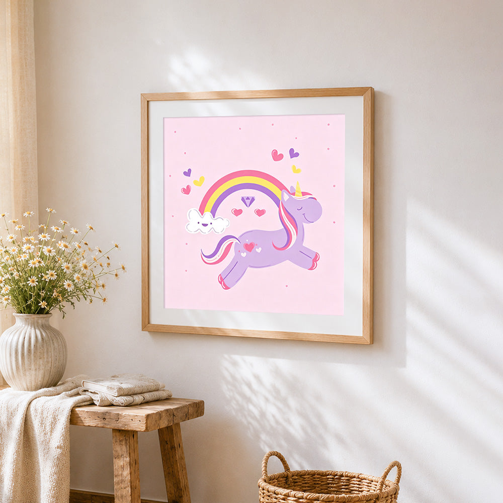 Purple unicorn jumping over a rainbow cross stitch artwork displayed on wall as home decor
