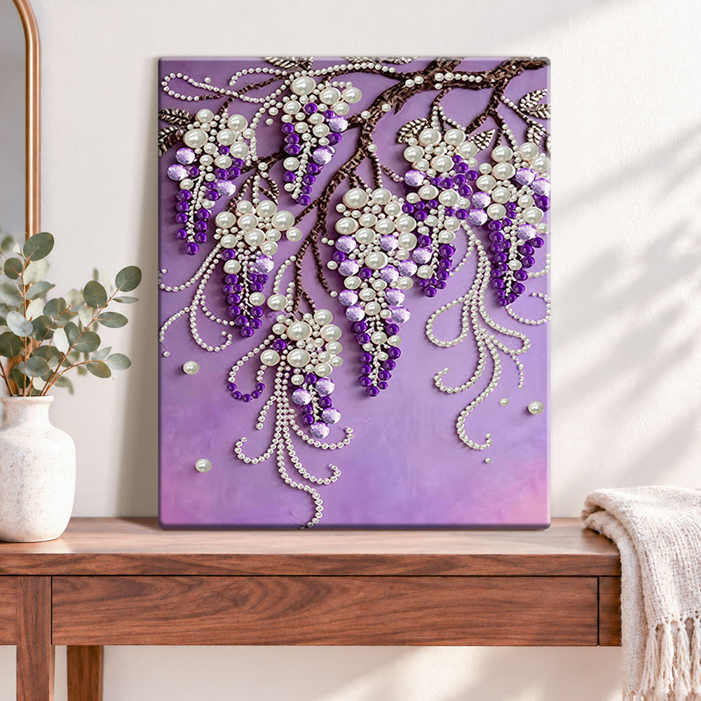 Finished purple wisteria blooms pearl diamond painting artwork displayed as home decor