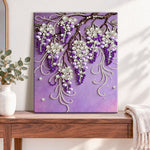 Finished purple wisteria blooms pearl diamond painting artwork displayed as home decor