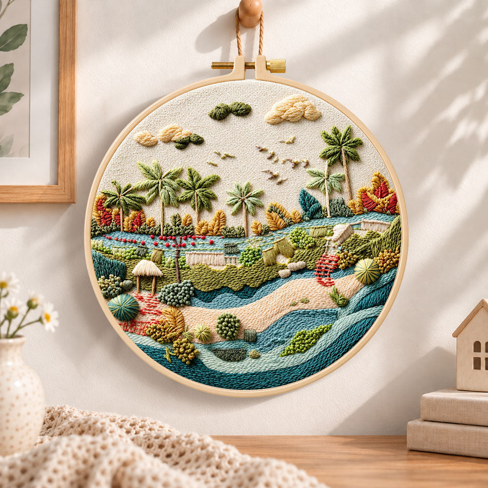 Quiet riverside tropics embroidery hoop wall art displayed as warm and cosy handmade home decor