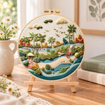 Quiet riverside tropics embroidery kit finished hoop displayed on a wooden stand as cosy tabletop decor