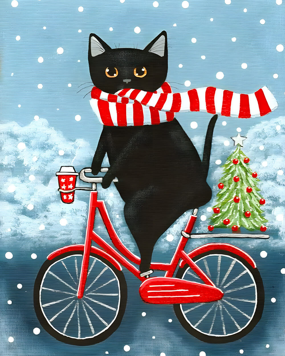 Quirky black cat on bicycle cross stitch kit for beginners