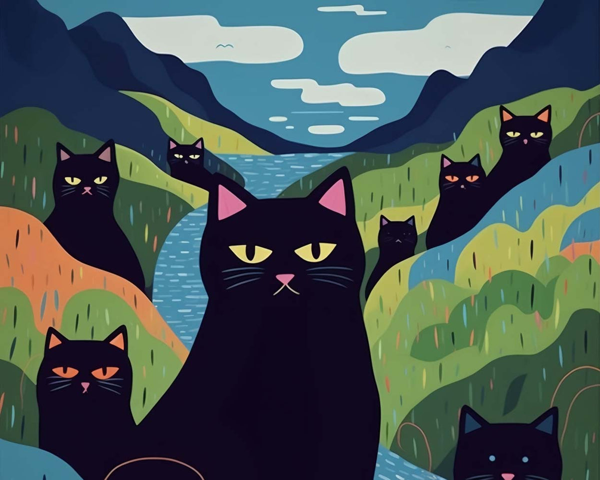 Quirky black cats in a colourful valley paint by numbers kit for beginners