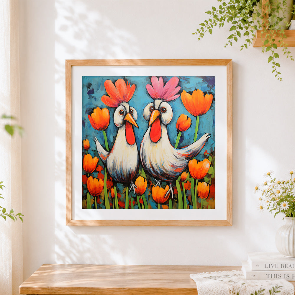 Finished quirky cartoon roosters with tulips cross stitch artwork displayed