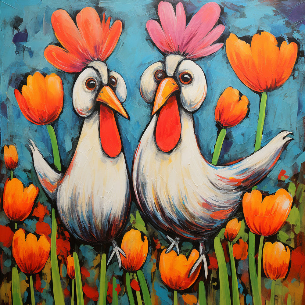 Quirky cartoon roosters with tulips cross stitch kit for beginners