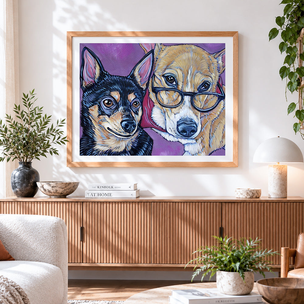 Finished quirky dogs wearing glasses cross stitch artwork displayed