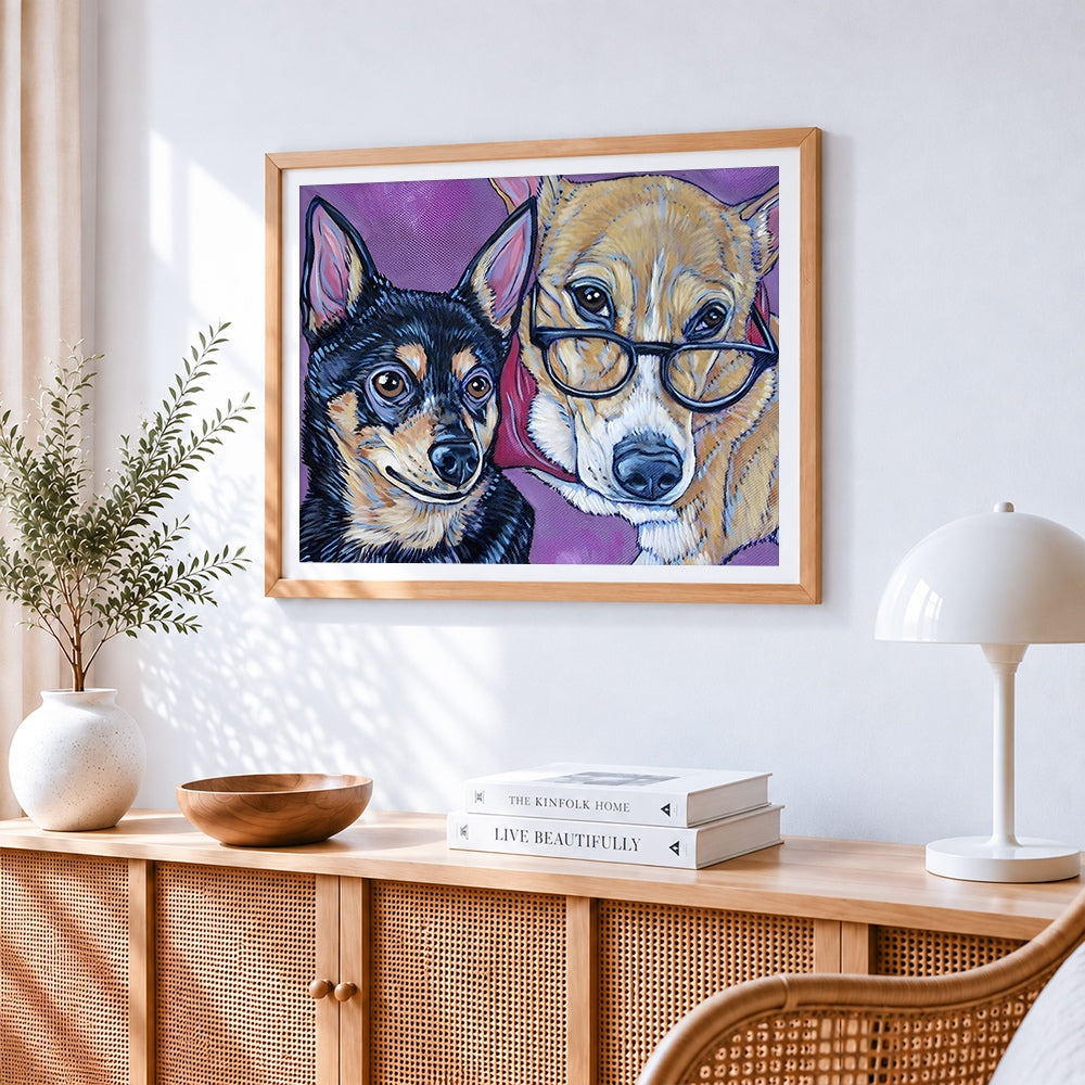 Quirky dogs wearing glasses cross stitch artwork displayed on wall as home decor