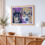 Quirky dogs wearing glasses cross stitch artwork displayed on wall as home decor