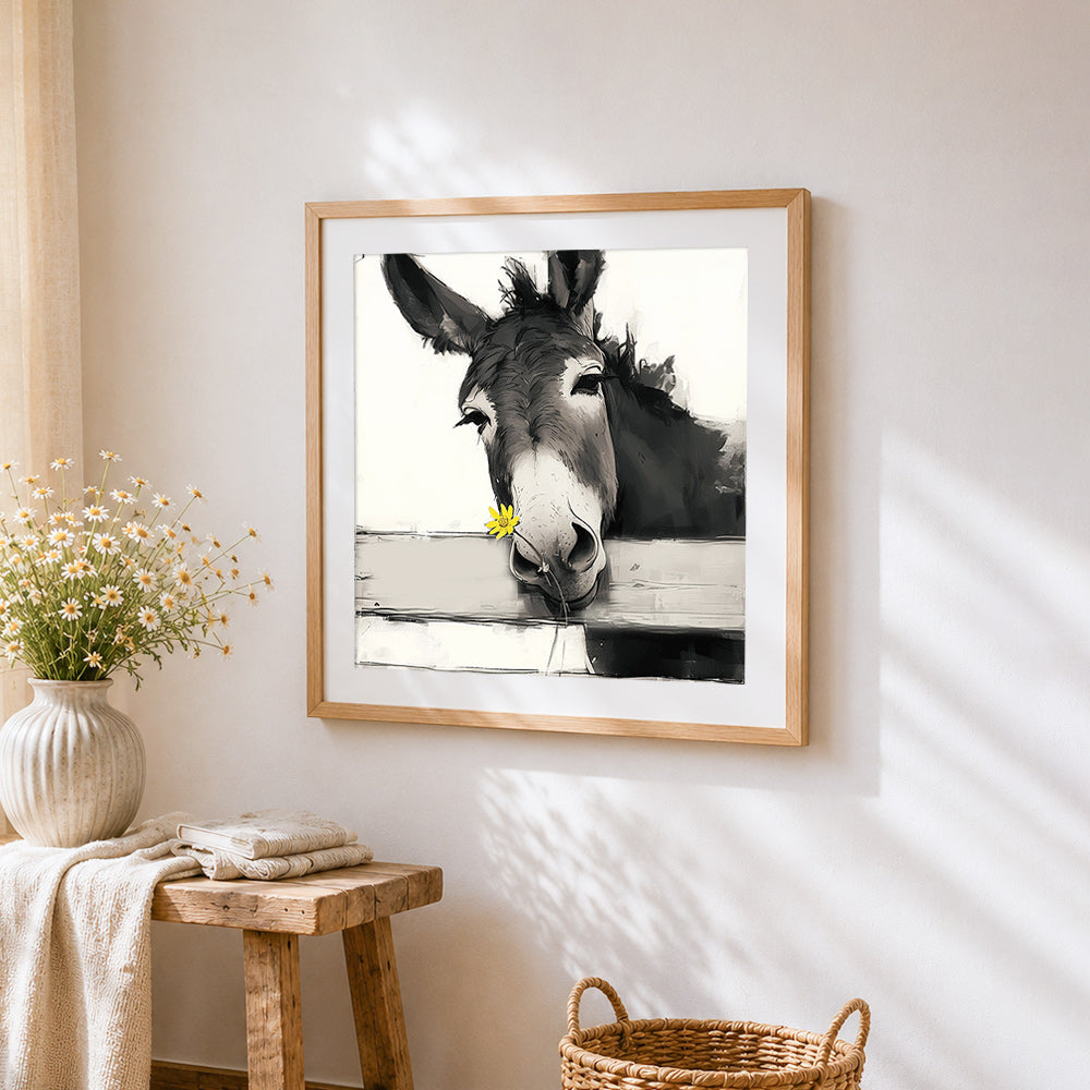 Quirky donkey with a yellow flower cross stitch artwork displayed on wall as home decor