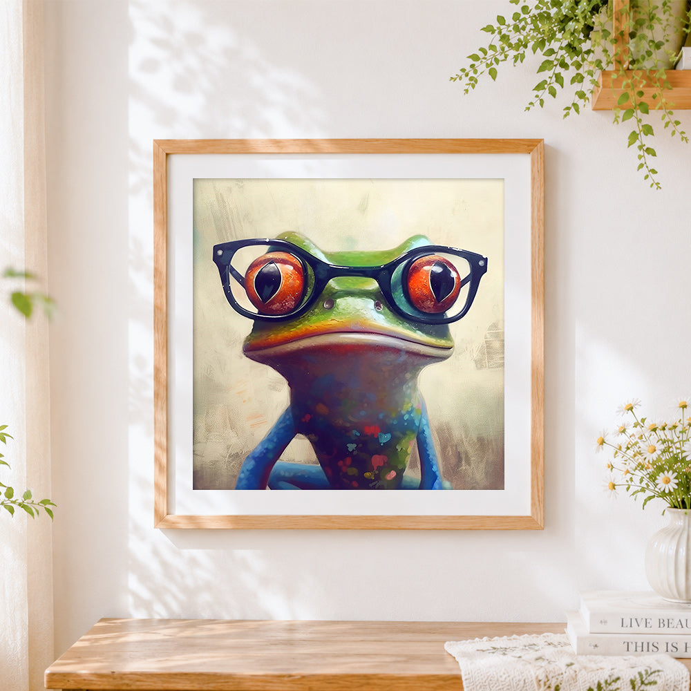Finished quirky frog wearing glasses cross stitch artwork displayed